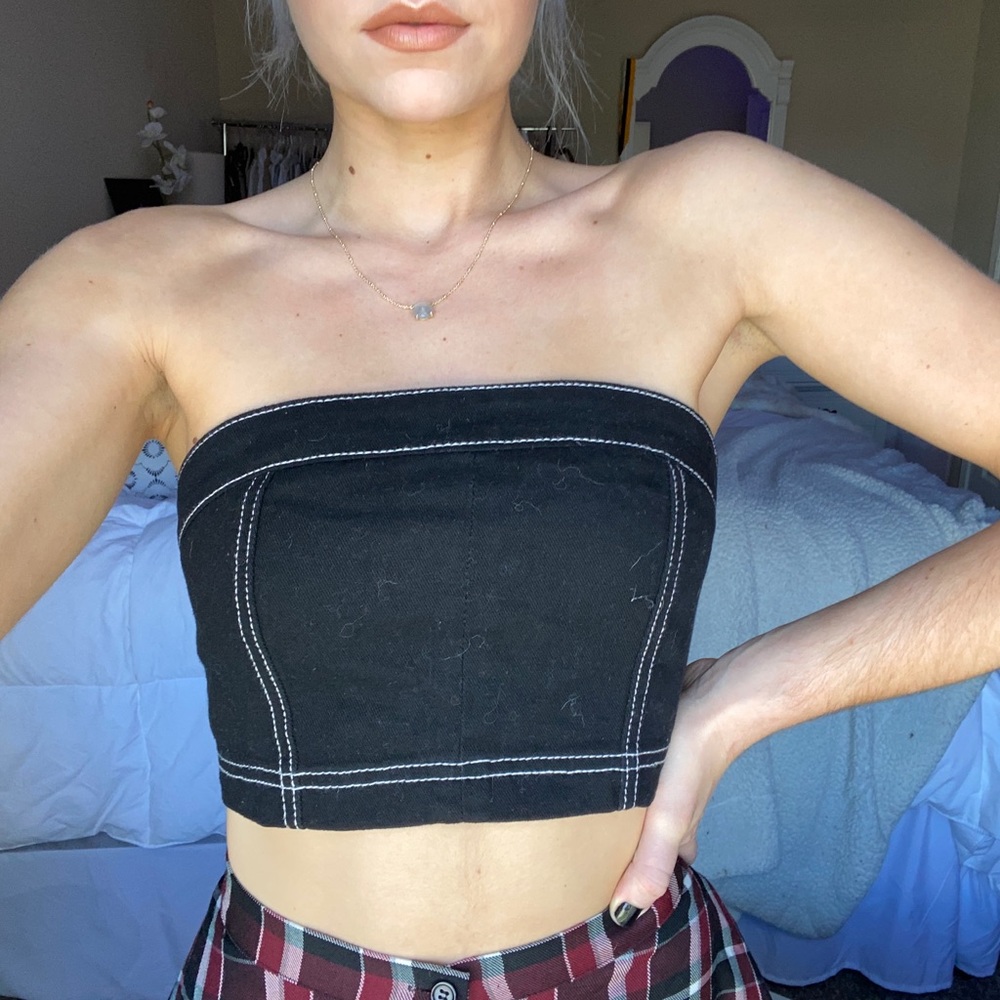 Black Jean material crop top, white stitching